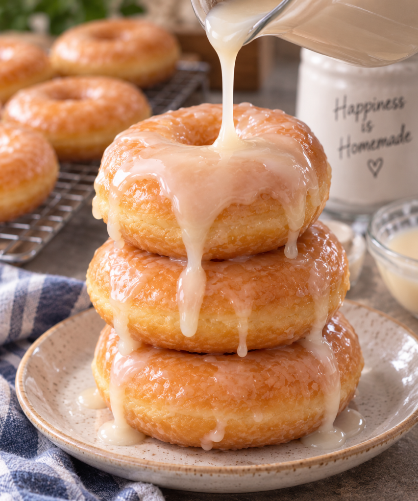 Vanilla glaze drizzling over homemade yeast donuts